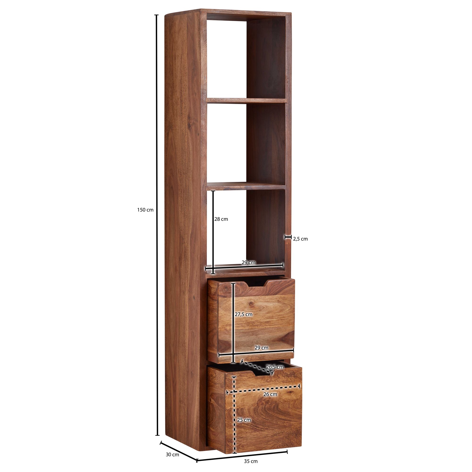 FineBuy Wandregal mit Schubladen 35x150x30 cm Sheesham Massivholz Hängeregal, Großes Design Schweberegal Modern, Regal Hängend Wohnzimmer, Bücherregal Wand Schwebend | Farbe: Braun