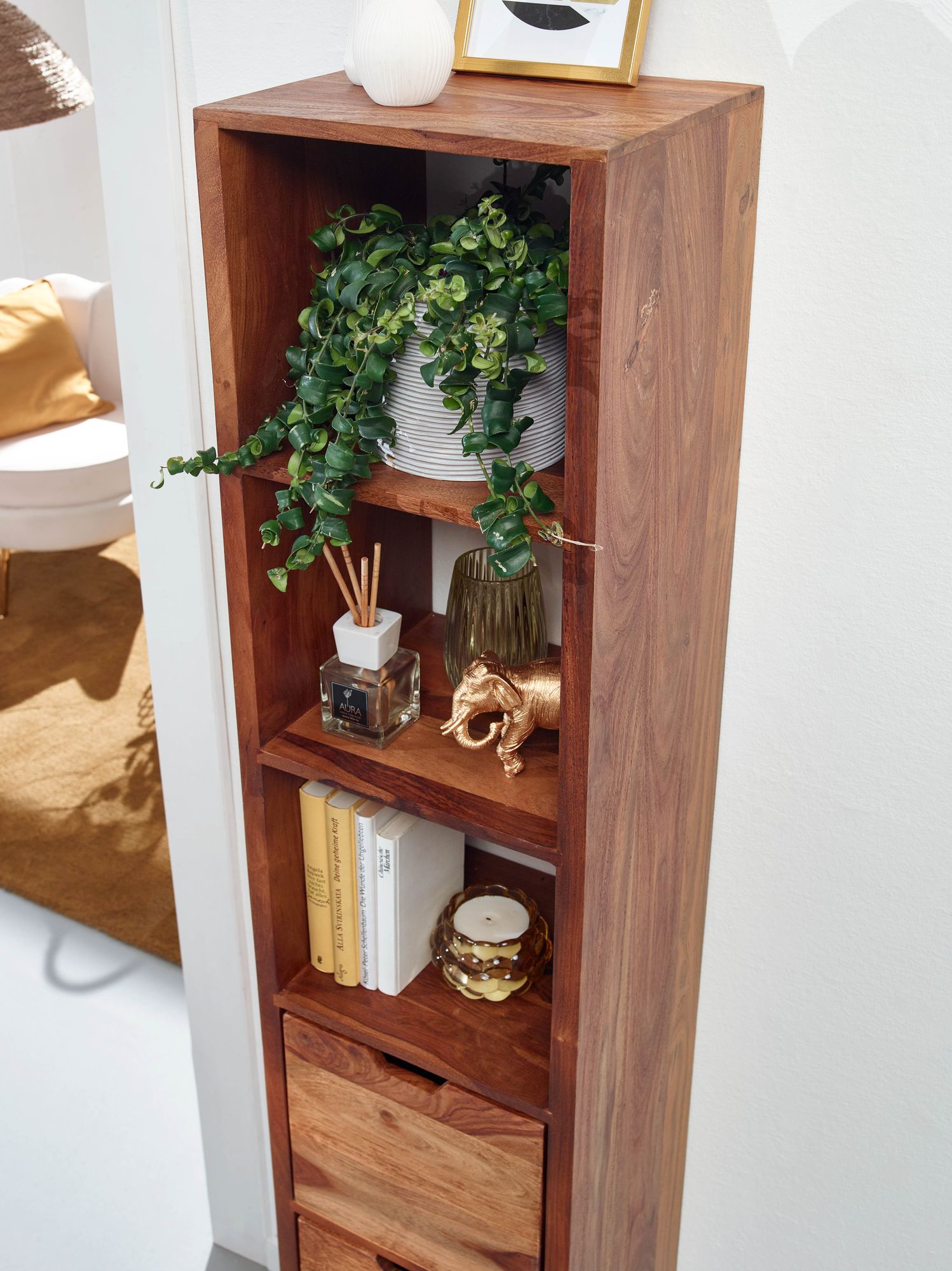 FineBuy Wandregal mit Schubladen 35x150x30 cm Sheesham Massivholz Hängeregal, Großes Design Schweberegal Modern, Regal Hängend Wohnzimmer, Bücherregal Wand Schwebend | Farbe: Braun