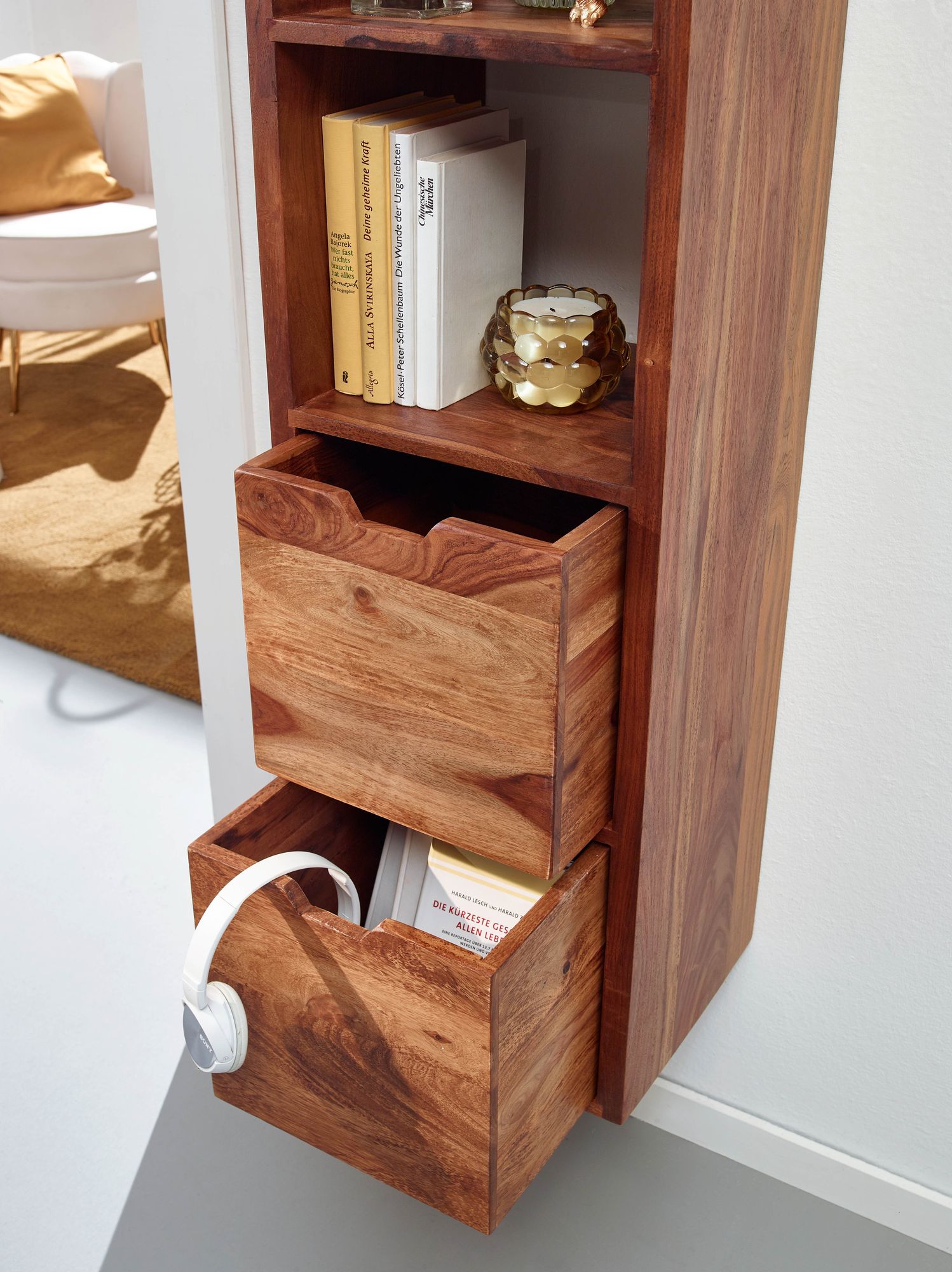 FineBuy Wandregal mit Schubladen 35x150x30 cm Sheesham Massivholz Hängeregal, Großes Design Schweberegal Modern, Regal Hängend Wohnzimmer, Bücherregal Wand Schwebend | Farbe: Braun