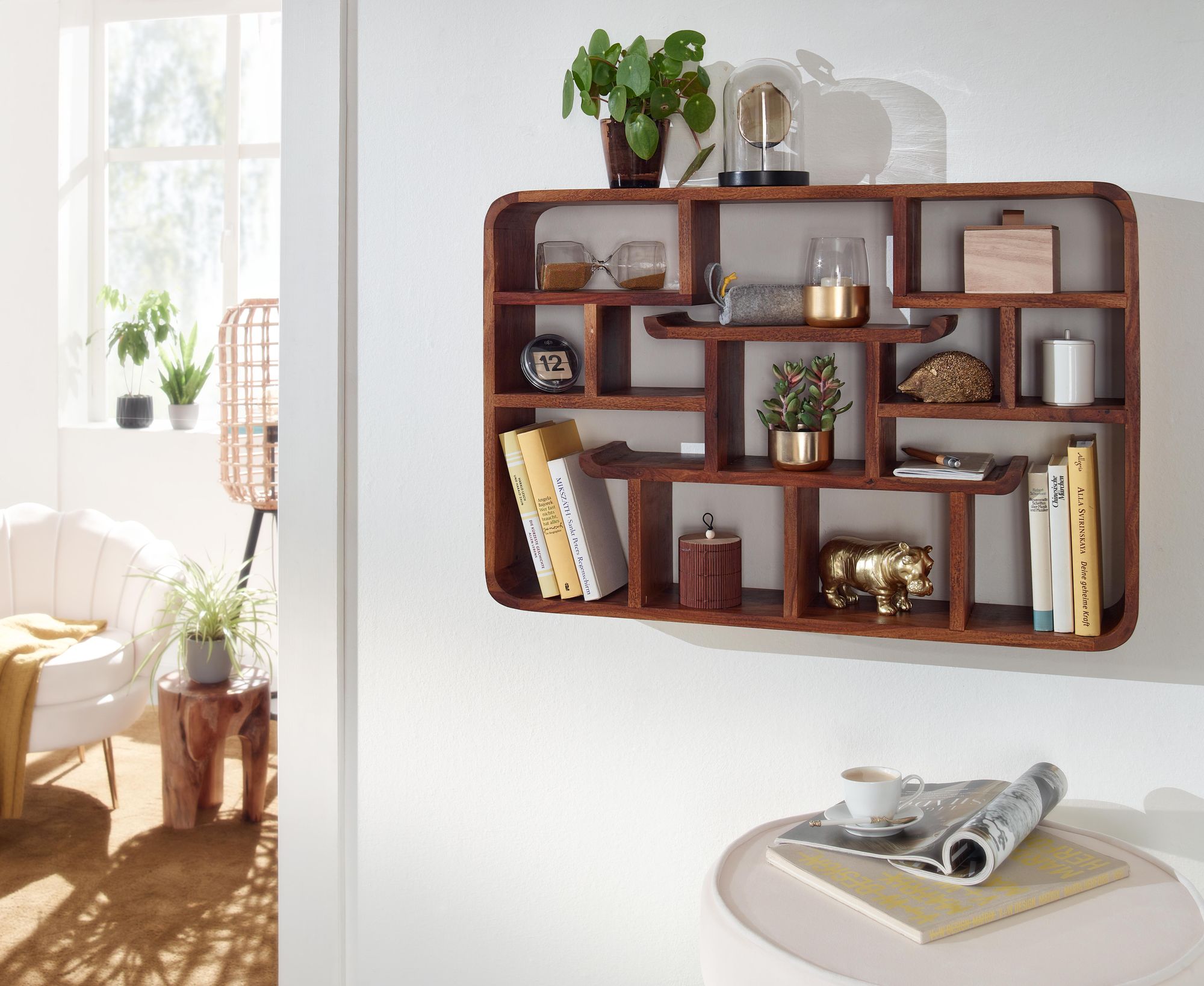 FineBuy Wandregal 80x55x15 cm Sheesham Massivholz Hängeregal Modern Schwebend, Großes Design Schweberegal, Regal Hängend Wohnzimmer, Bücherregal Wand | Farbe: Braun