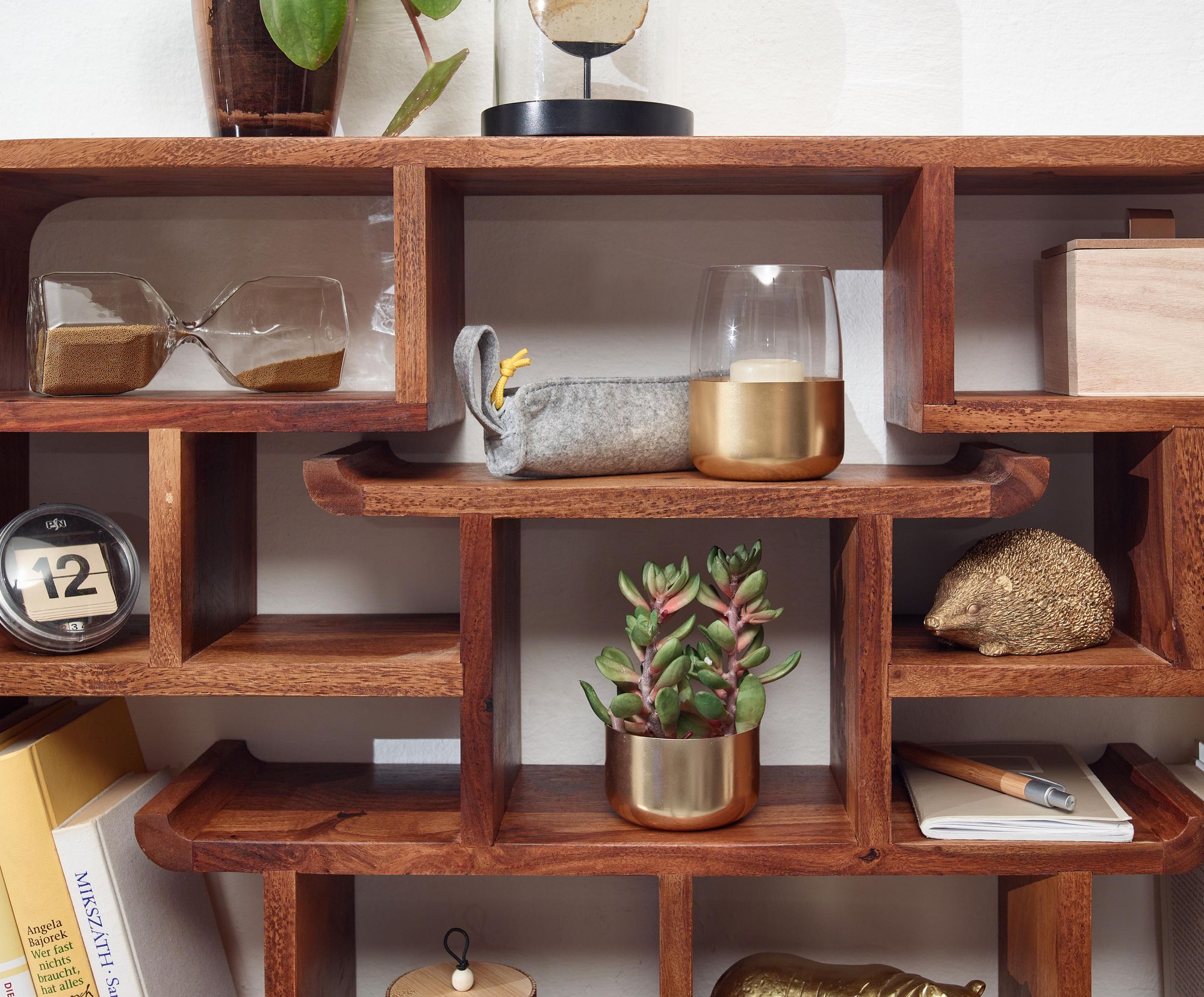 FineBuy Wandregal 80x55x15 cm Sheesham Massivholz Hängeregal Modern Schwebend, Großes Design Schweberegal, Regal Hängend Wohnzimmer, Bücherregal Wand | Farbe: Braun