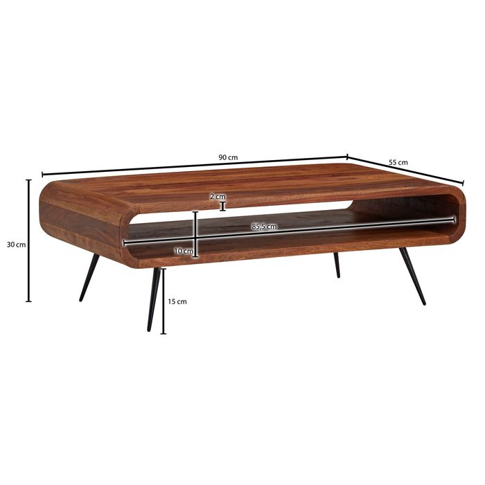 FineBuy Couchtisch Sheesham Massivholz 90cm Retro Design Ablage Wohnzimmertisch – Maßzeichnung