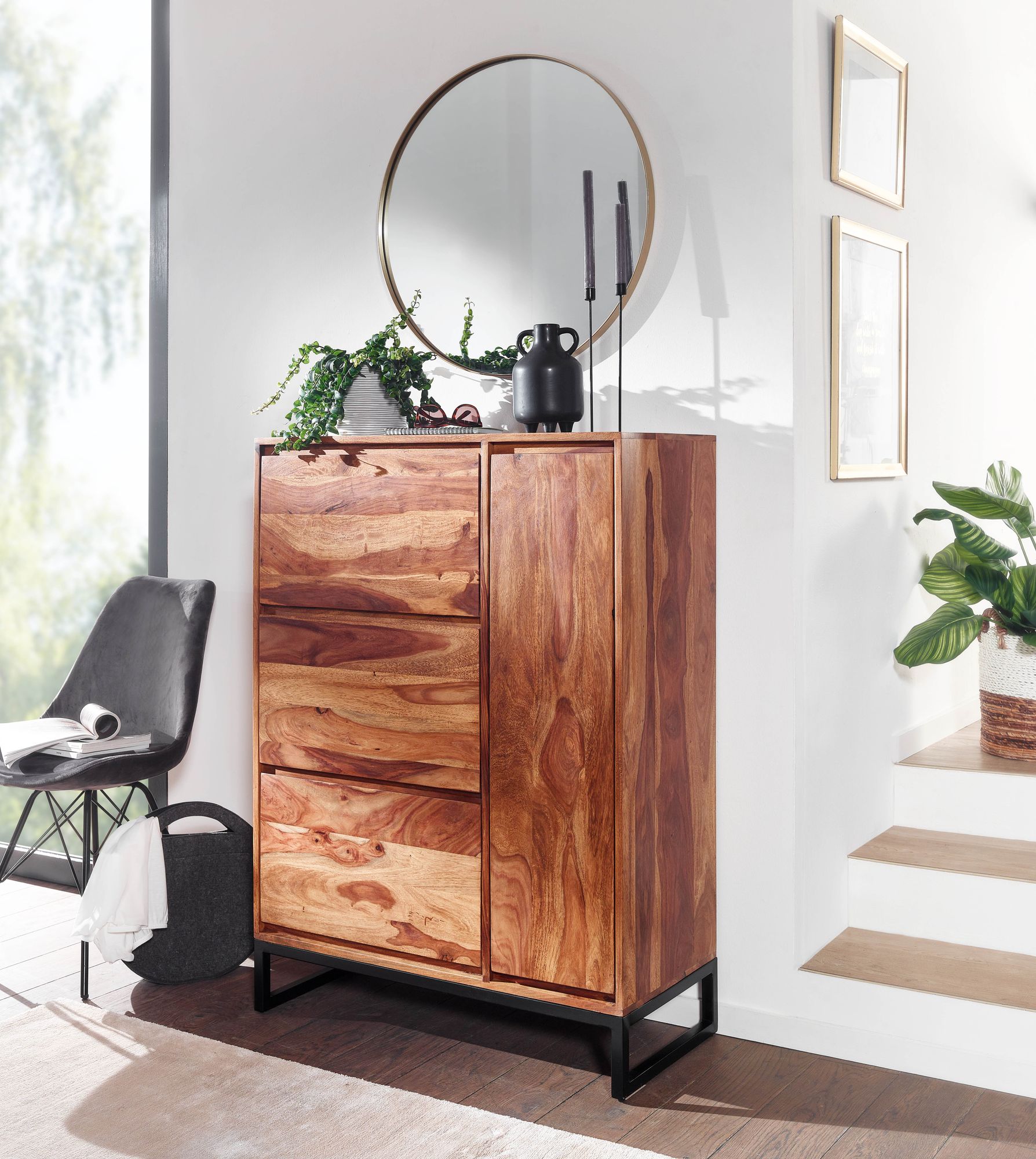 FineBuy Schuhschrank Sheesham Massivholz 88x120x40 cm Schuhregal Geschlossen, Design Schuhkommode Flurschrank mit Ablage, Schuhaufbewahrung Flurkommode für Schuhe Hoch | Farbe: Braun