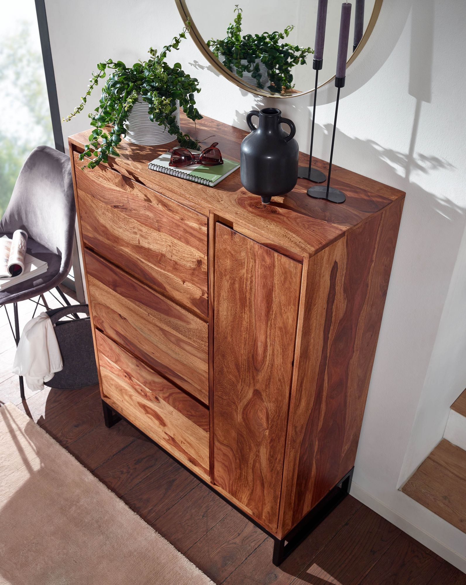 FineBuy Schuhschrank Sheesham Massivholz 88x120x40 cm Schuhregal Geschlossen, Design Schuhkommode Flurschrank mit Ablage, Schuhaufbewahrung Flurkommode für Schuhe Hoch | Farbe: Braun