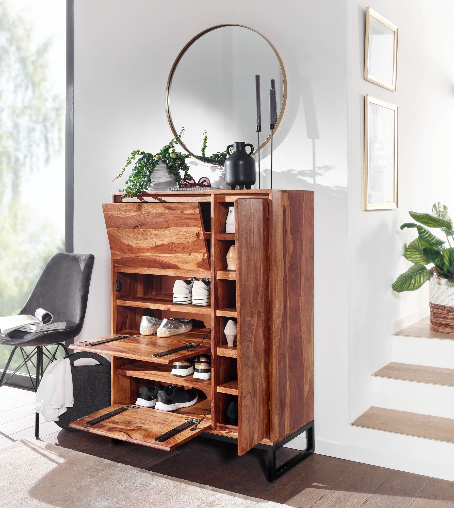 FineBuy Schuhschrank Sheesham Massivholz 88x120x40 cm Schuhregal Geschlossen, Design Schuhkommode Flurschrank mit Ablage, Schuhaufbewahrung Flurkommode für Schuhe Hoch | Farbe: Braun