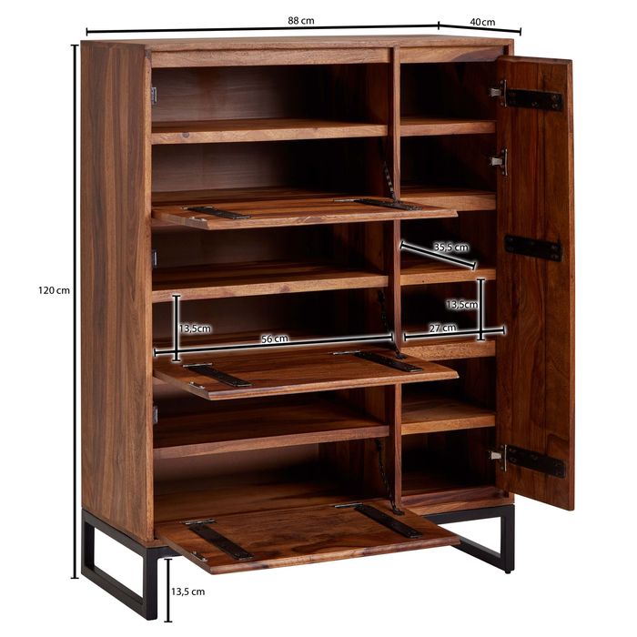 Massivholz Schuhschrank 90cm Sheesham Schuhkipper Schuhkommode für Garderobe Flur Schuhregal – Maßzeichnung