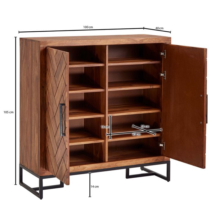Massivholz Schuhschrank Sheesham 100cm Schuhkommode Garderobe Flur – Maßzeichnung