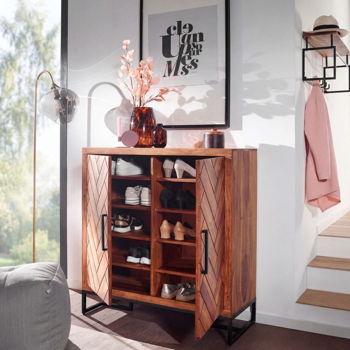 FineBuy Schuhschrank Sheesham Massivholz 100x105x40 cm Schuhregal Geschlossen, Design Schuhkommode Flurschrank mit Ablage, Schuhaufbewahrung Flurkommode für Schuhe Hoch