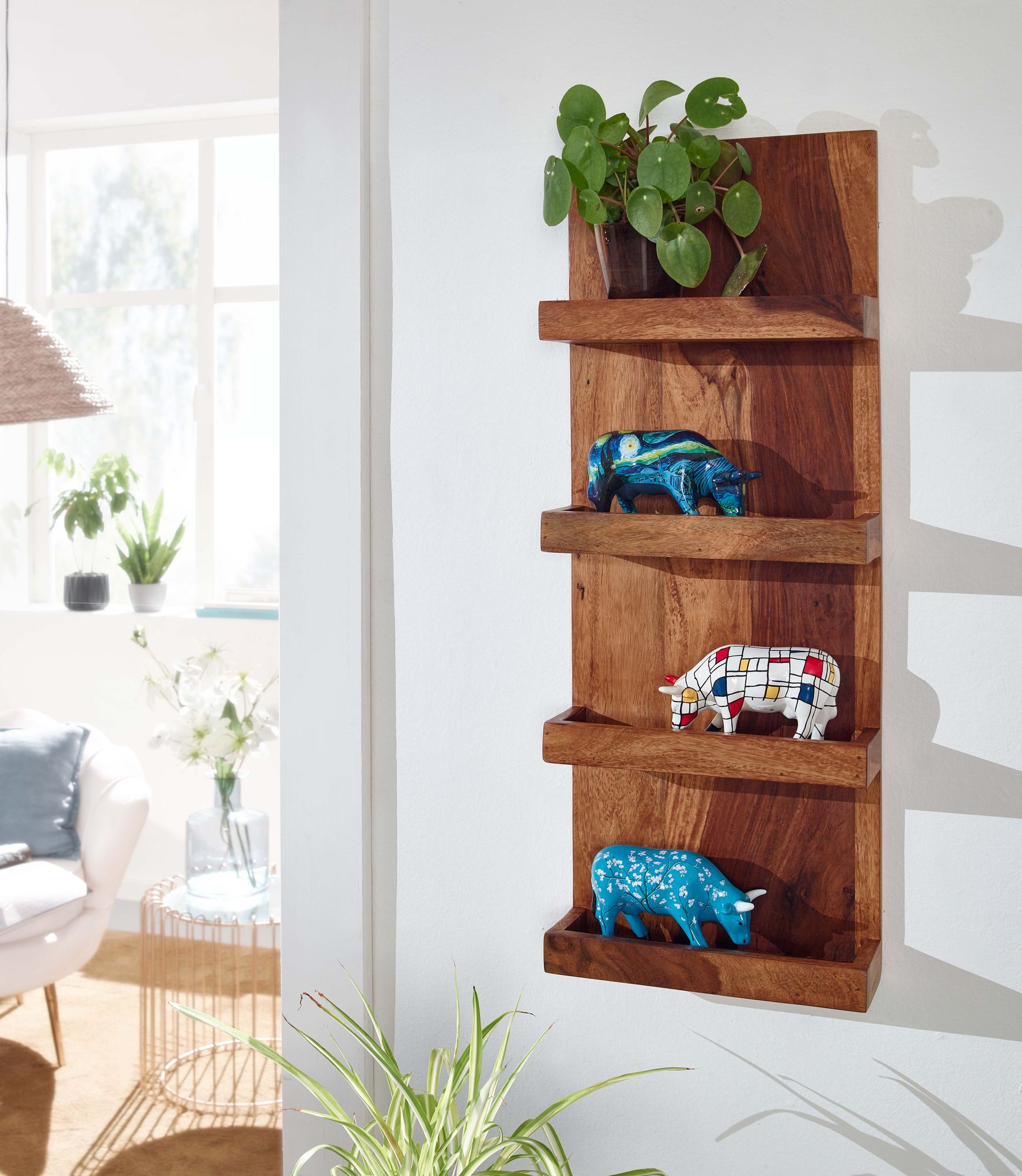 FineBuy Wandregal 30x80x10 cm Sheesham Massivholz Hängeregal Modern Schwebend, Großes Design Schweberegal, Regal Hängend Wohnzimmer, Bücherregal Wand | Farbe: Braun