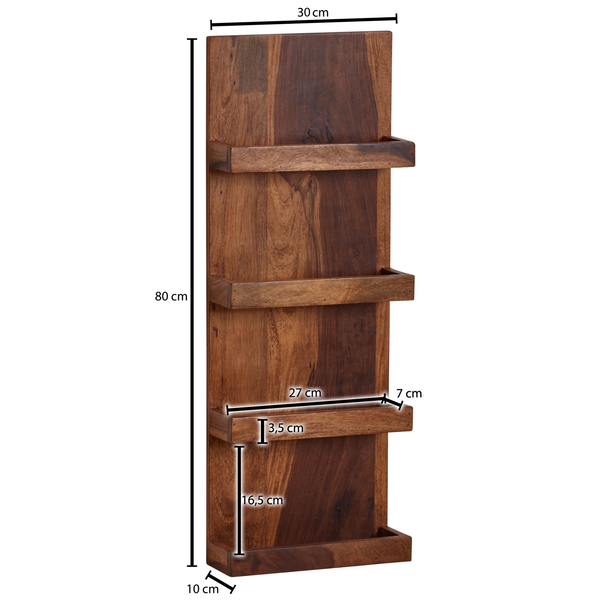 FineBuy Wandregal 30x80x10 cm Sheesham Massivholz Hängeregal Modern Schwebend, Großes Design Schweberegal, Regal Hängend Wohnzimmer, Bücherregal Wand | Farbe: Braun