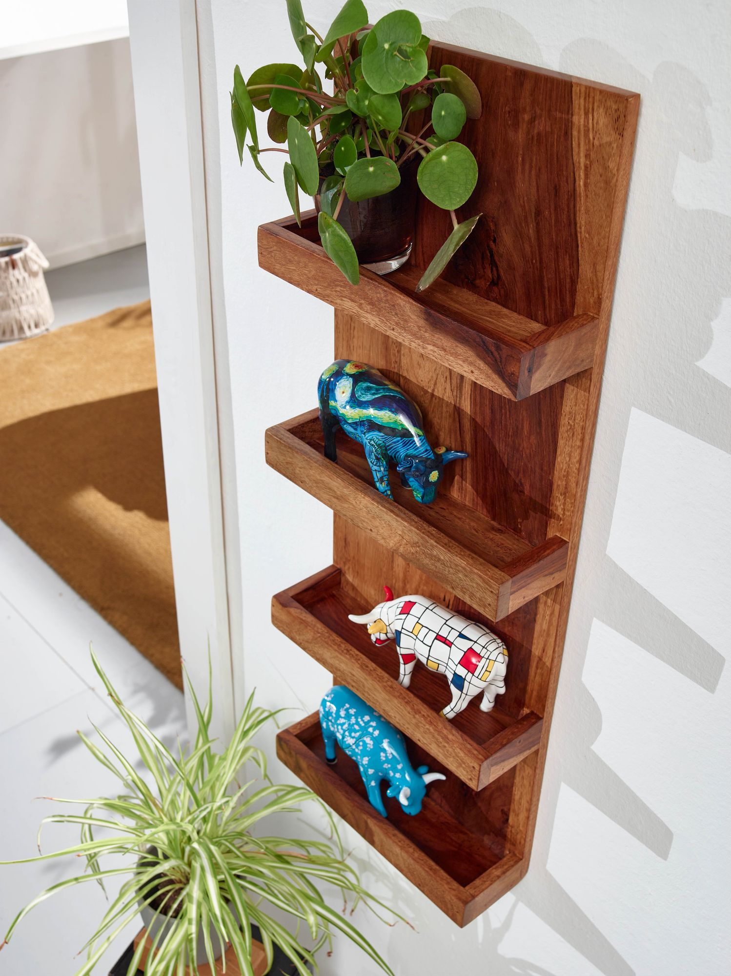 FineBuy Wandregal 30x80x10 cm Sheesham Massivholz Hängeregal Modern Schwebend, Großes Design Schweberegal, Regal Hängend Wohnzimmer, Bücherregal Wand | Farbe: Braun