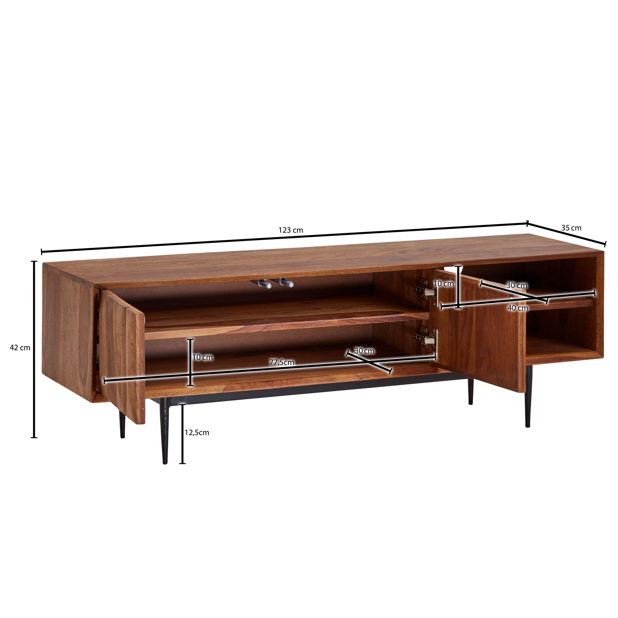 Finebuy Lowboard Sheesham Massivholz 123x42x35 cm TV-Kommode mit zwei Türen, Design TV-Schrank Hoch, Fernsehtisch Fernsehschrank Modern, Fernsehkommode Wohnzimmer | Farbe: Braun