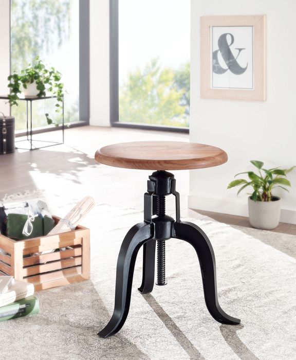 FineBuy Drehhocker 39x62,5x39 cm Akazie Massivholz / Metall Schwarz Drehbar, Design Dekohocker Höhenverstellbar, Stehhocker Rund Industrie, Kleiner Barhocker, Metallhocker mit Holzplatte Modern 4251757711374