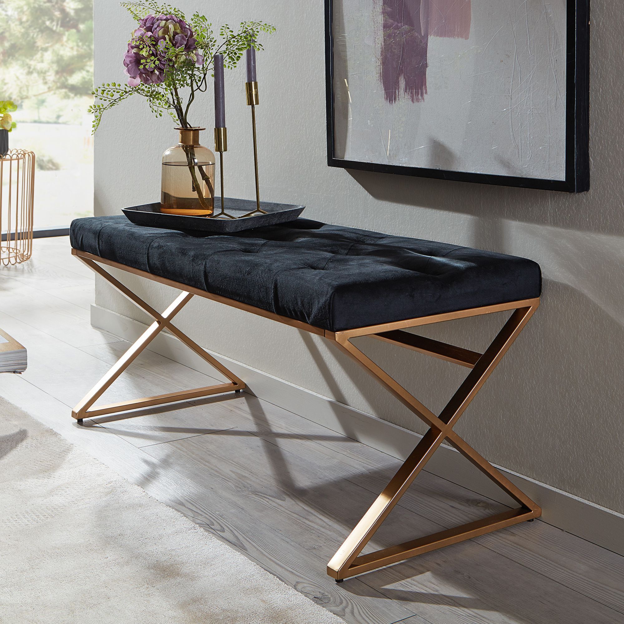 FineBuy gepolsterte Sitzbank 90 cm Samt Schwarz - Chesterfield Polsterbank für Garderobe Schlafzimmer & Wohnzimmer - Garderobenbank Eingangsbereich | Farbe: Schwarz