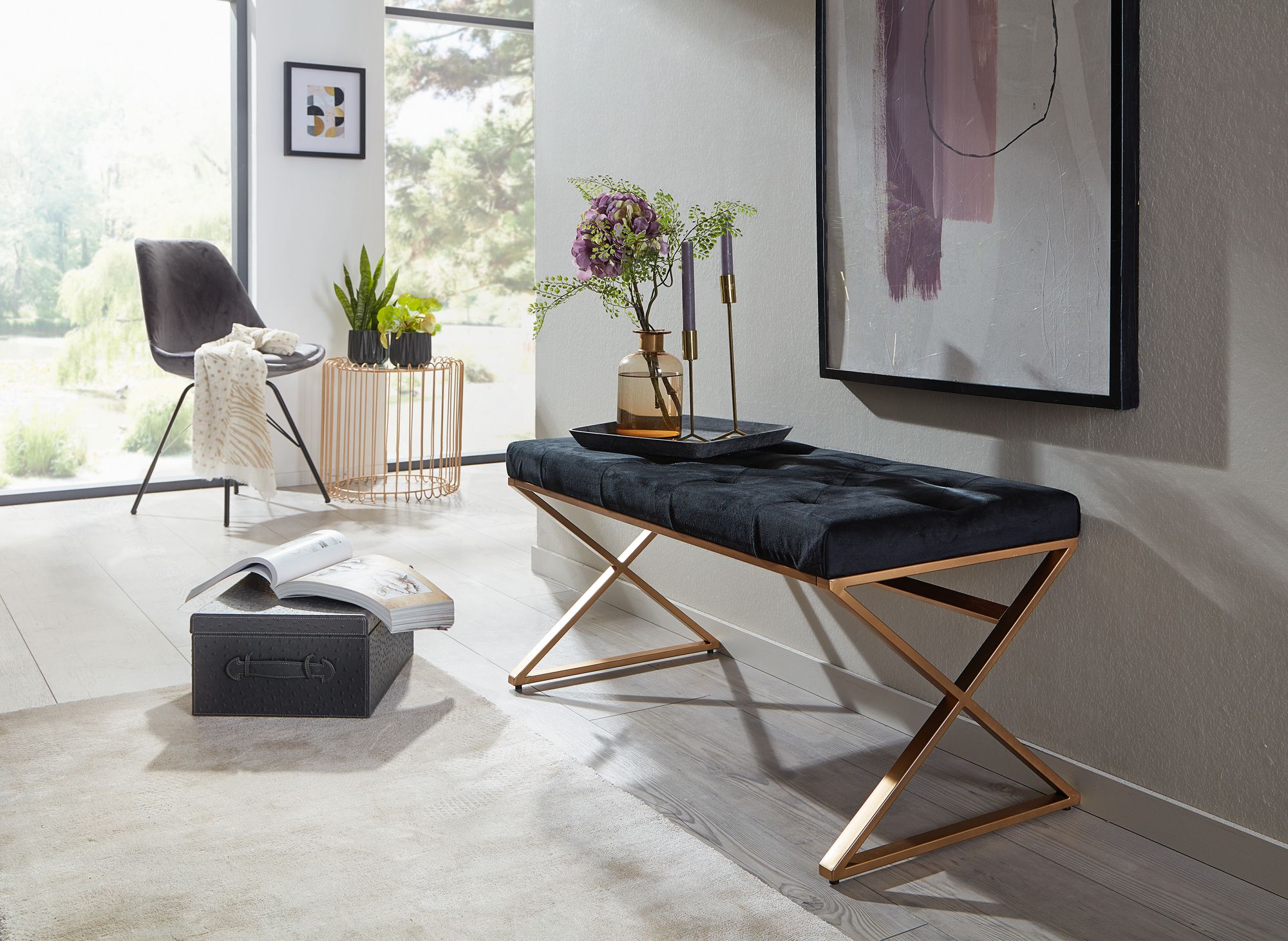 FineBuy gepolsterte Sitzbank 90 cm Samt Schwarz - Chesterfield Polsterbank für Garderobe Schlafzimmer & Wohnzimmer - Garderobenbank Eingangsbereich | Farbe: Schwarz