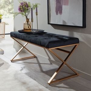 FineBuy Sitzbank Samt Schwarz 90x46x44 cm Flur Polsterbank mit Metallgestell, Bettbank Schlafzimmer Chesterfield Design, Flurbank Garderobenbank Modern 4251757711442