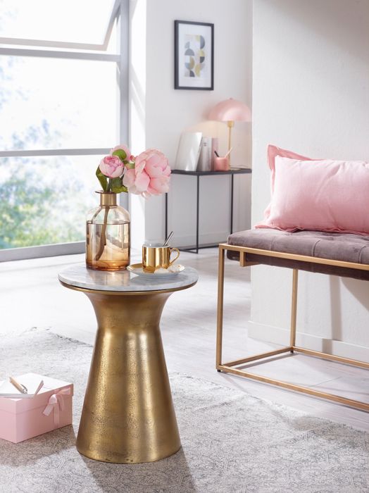 FineBuy Beistelltisch Echter Marmor Weiß 35x35x45 cm Anstelltisch Metall Gold, Kleiner Sofatisch Rund, Wohnzimmertisch Couch Modern, Couchtisch Hoch 4251757711541