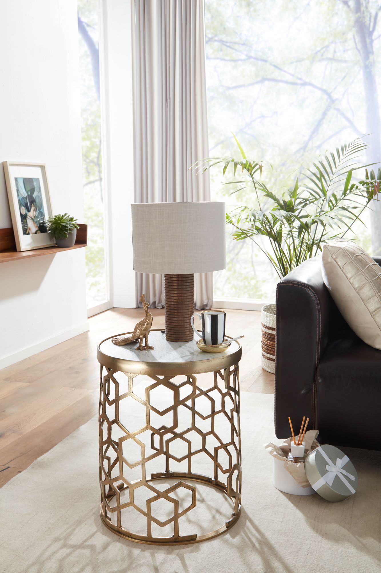 FineBuy Beistelltisch Echter Marmor Weiß 44x44x55 cm Anstelltisch Metall Gold, Kleiner Sofatisch Rund, Wohnzimmertisch Couch Modern, Couchtisch Hoch | Farbe: Weiß