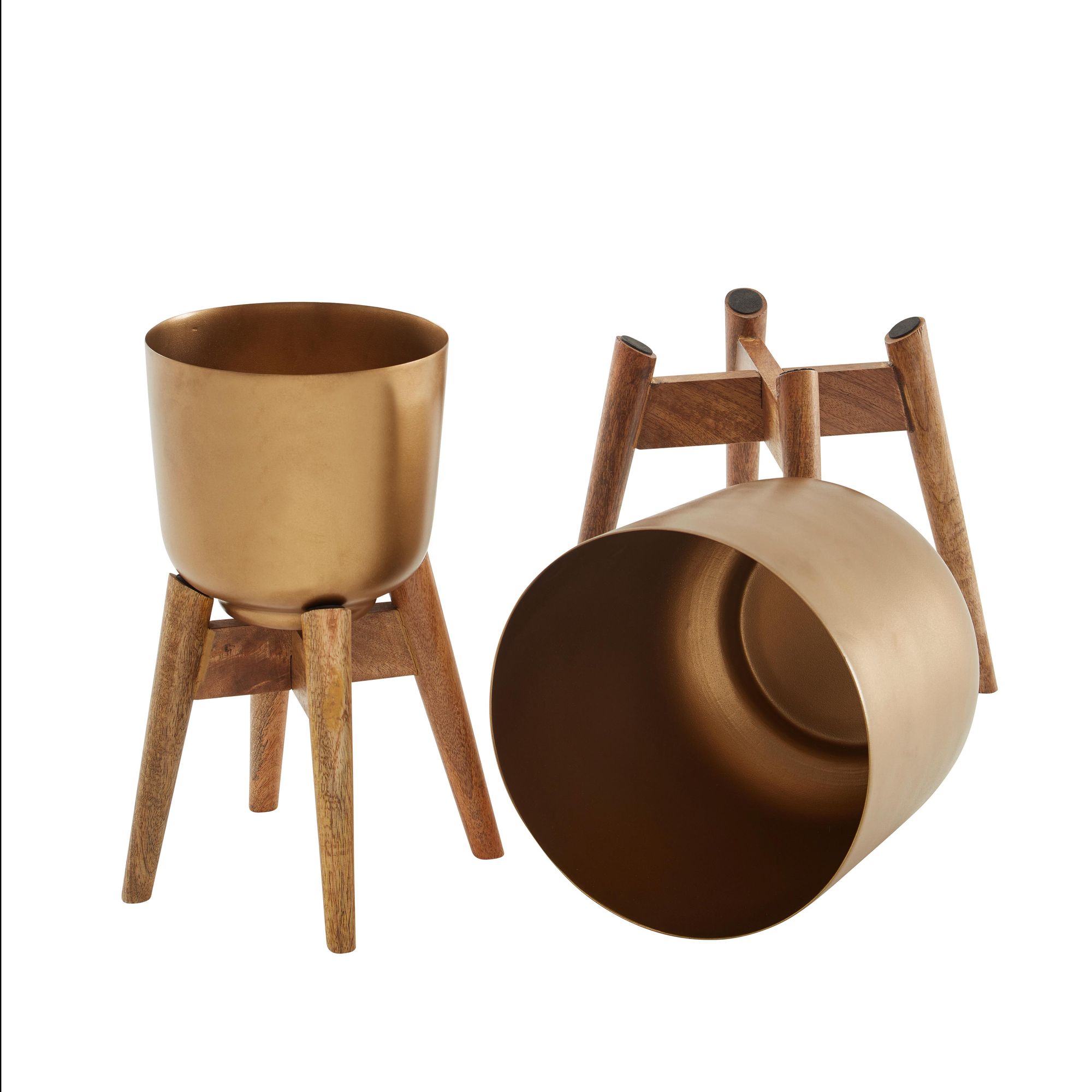 FineBuy Blumentopf 2er Set Metall / Massivholz Pflanzkübel Gold mit Füßen, Pflanzenkübel Rund, Blumenkübel Pflanzgefäß | Farbe: Gold