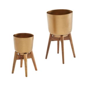 FB82241 FineBuy Blumentopf 2er Set Metall / Massivholz Pflanzkübel Gold mit Füßen, Pflanzenkübel Rund, Blumenkübel Pflanzgefäß 4251757711589
