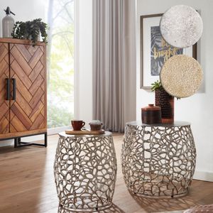 SV82242 FineBuy Beistelltisch 2er Set Aluminium Design Satztisch Metall Rund, Wohnzimmertisch Couchtisch Ast-Struktur Modern, Sofatisch 2-teilig Wohnzimmer