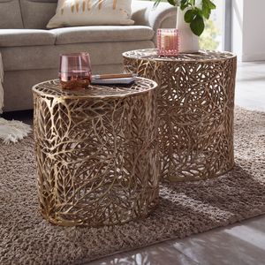 FB82254 FineBuy Beistelltisch 2er Set Aluminium Gold Design Satztisch Metall Rund, Wohnzimmertisch Couchtisch Blumen-Muster Modern, Sofatisch 2-teilig Wohnzimmer Floristisch 4251757711657