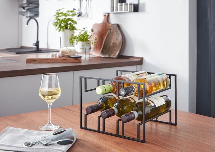 FineBuy Weinflaschenhalter für 6 Flaschen 29x21x25 cm Weinregal Schwarz Metall, Flaschenhalter Eisen Modern, Weinständer Weinhalter Tisch Küche 4251757711664