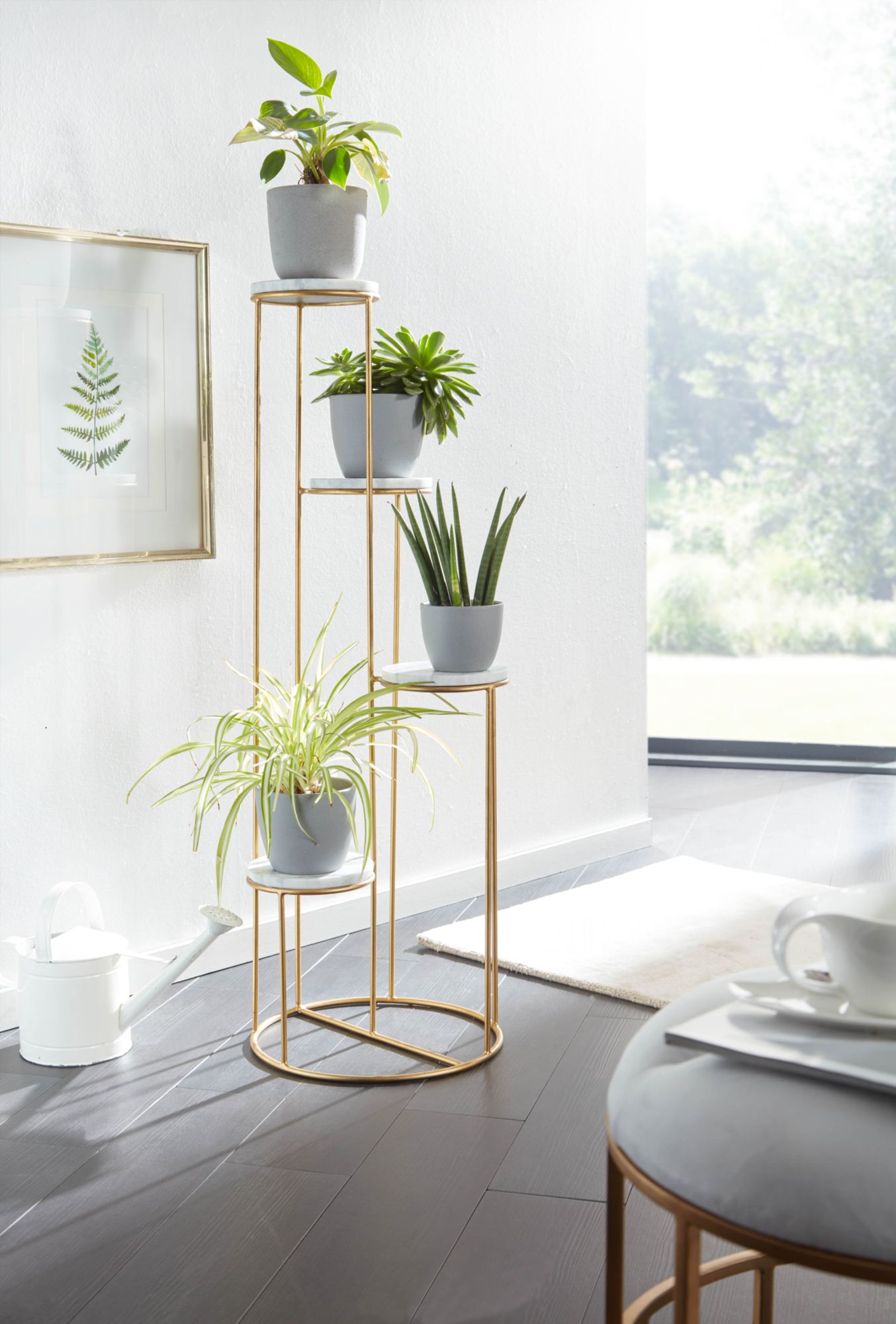 FineBuy Blumenständer Echter Marmor Weiß 36,5x107,5x36,5 cm Pflanzenständer Stehend Gold, Blumenhocker Wohnzimmer Freistehend mit 4 Ablagen, Pflanzenregal Blumenregal Groß Modern | Farbe: Gold