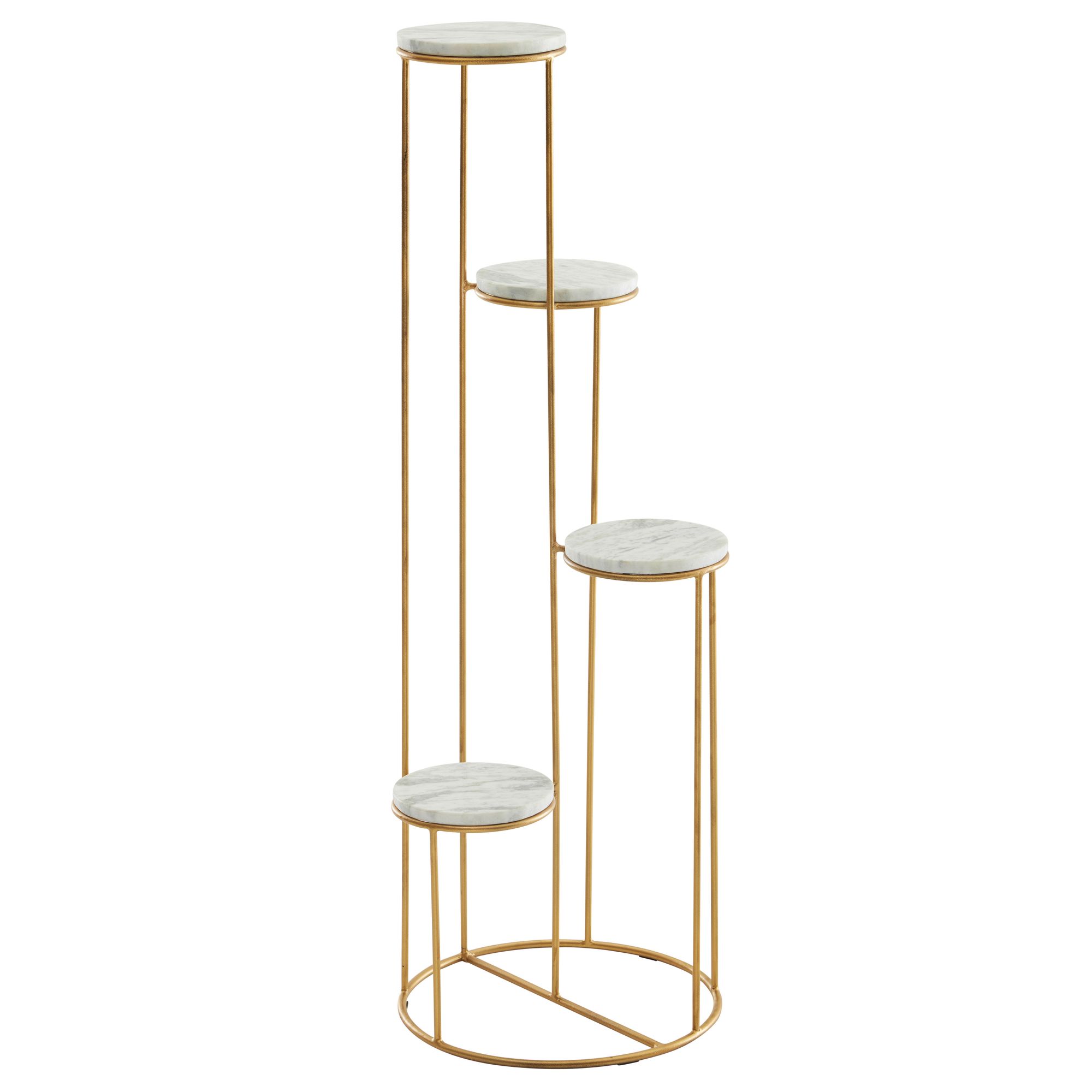 FineBuy Blumenständer Echter Marmor Weiß 36,5x107,5x36,5 cm Pflanzenständer Stehend Gold, Blumenhocker Wohnzimmer Freistehend mit 4 Ablagen, Pflanzenregal Blumenregal Groß Modern | Farbe: Gold