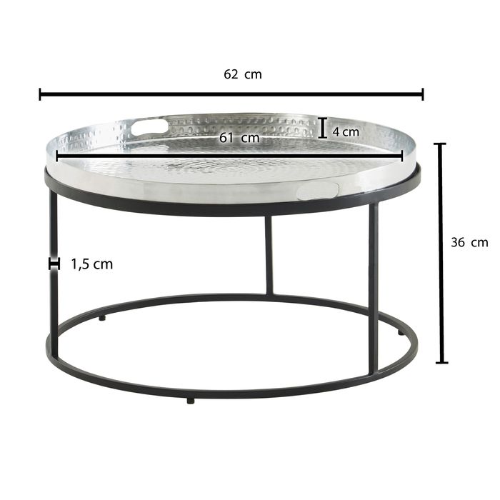 FineBuy Couchtisch Hammerschlag Metall 62x62x36 cm Sofatisch Aluminium, Design Wohnzimmertisch abnehmbares Tablett Rund, Tabletttisch Wohnzimmer, Beistelltisch Modern