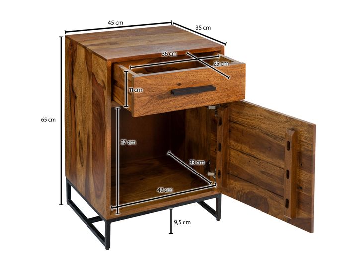 Nachttisch FineBuy Nachtkommode Boxspringbett Massivholz 45x35x65 cm Schublade – Maßzeichnung
