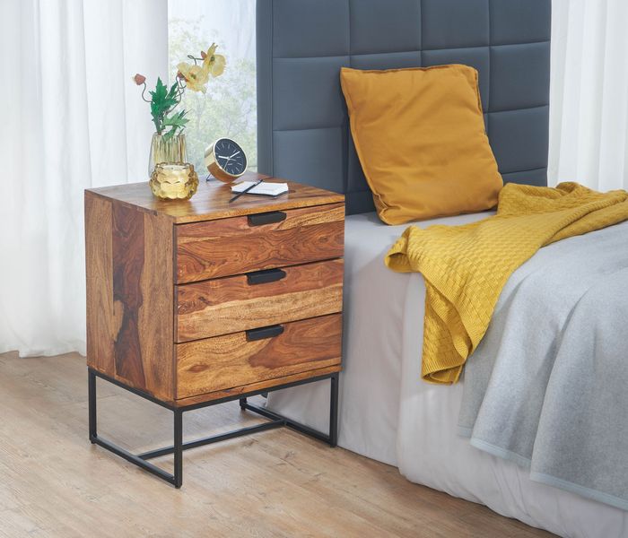 FineBuy Nachttisch Sheesham Massivholz / Metall 50x40x65 cm Nachtschrank Boxspringbett, Design Nachtkonsole mit 3 Schubladen, Nachtkommode Industrial mit Stauraum 4251757712180