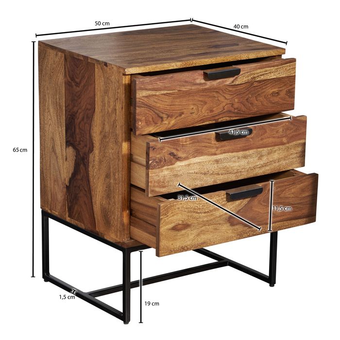 Nachttisch FineBuy Nachtkommode Boxspringbett Massivholz 50x40x65 cm Schubladen – Maßzeichnung