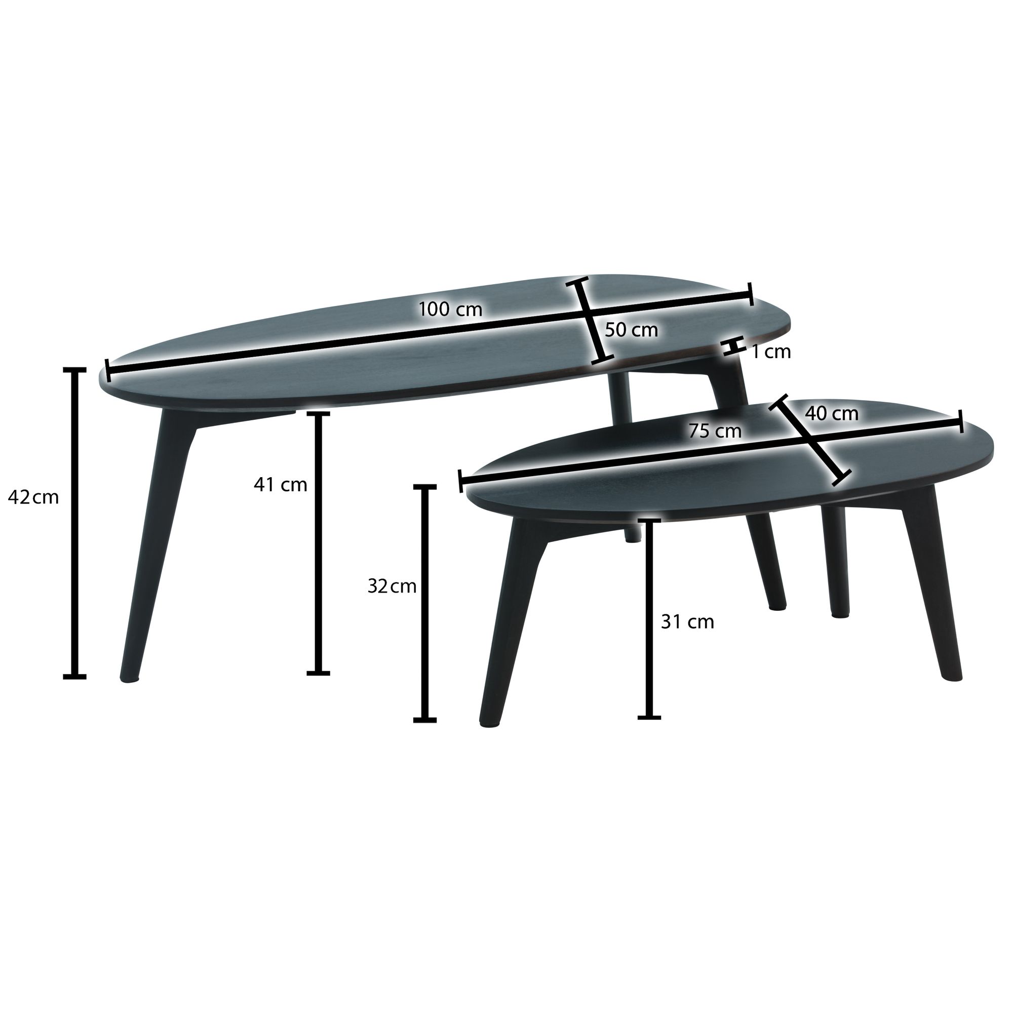 FineBuy Couchtisch Set 2er nierenförmig Mango Massivholz · Beistelltisch Wohnzimmertisch Retro Design · Satztische im Mid-Century Look mit Holzgestell | Farbe: Schwarz