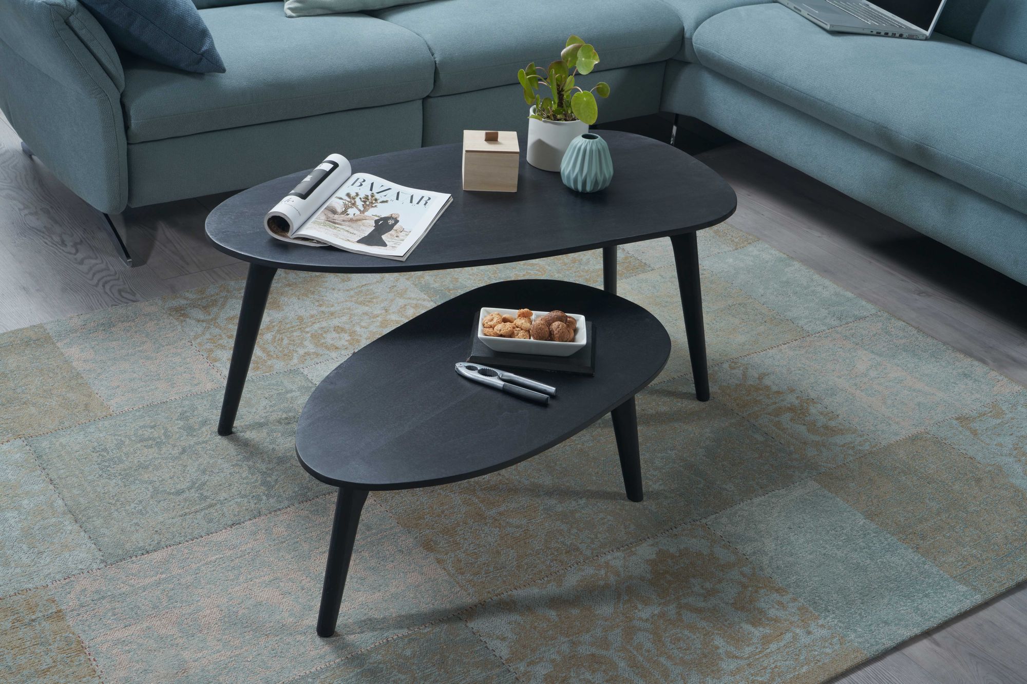 FineBuy Couchtisch Set 2er nierenförmig Mango Massivholz · Beistelltisch Wohnzimmertisch Retro Design · Satztische im Mid-Century Look mit Holzgestell | Farbe: Schwarz