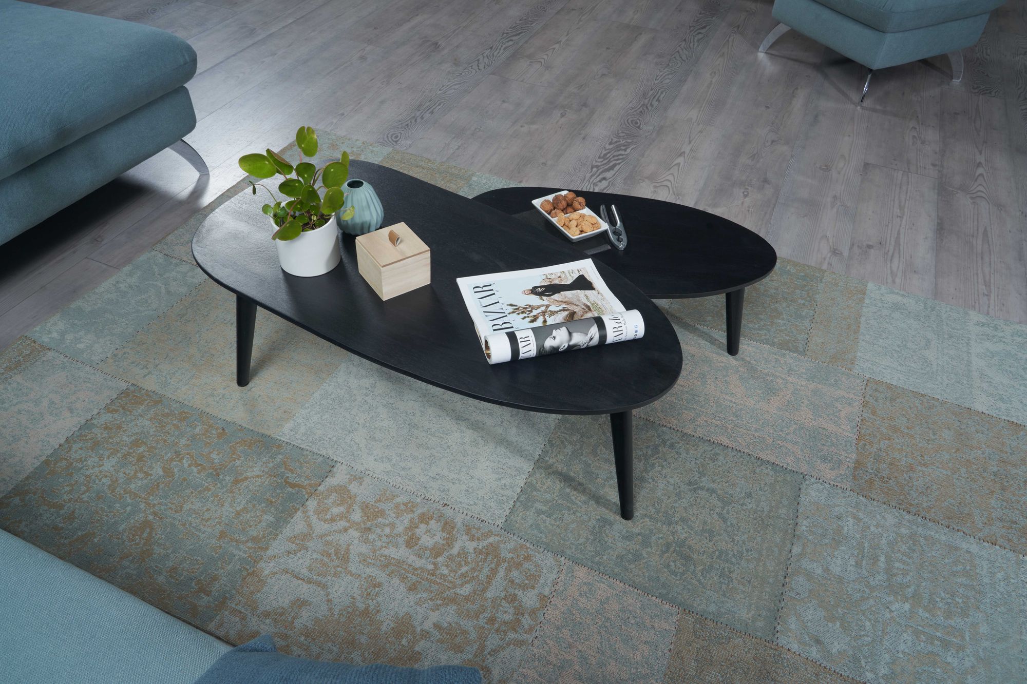 FineBuy Couchtisch Set 2er nierenförmig Mango Massivholz · Beistelltisch Wohnzimmertisch Retro Design · Satztische im Mid-Century Look mit Holzgestell | Farbe: Schwarz