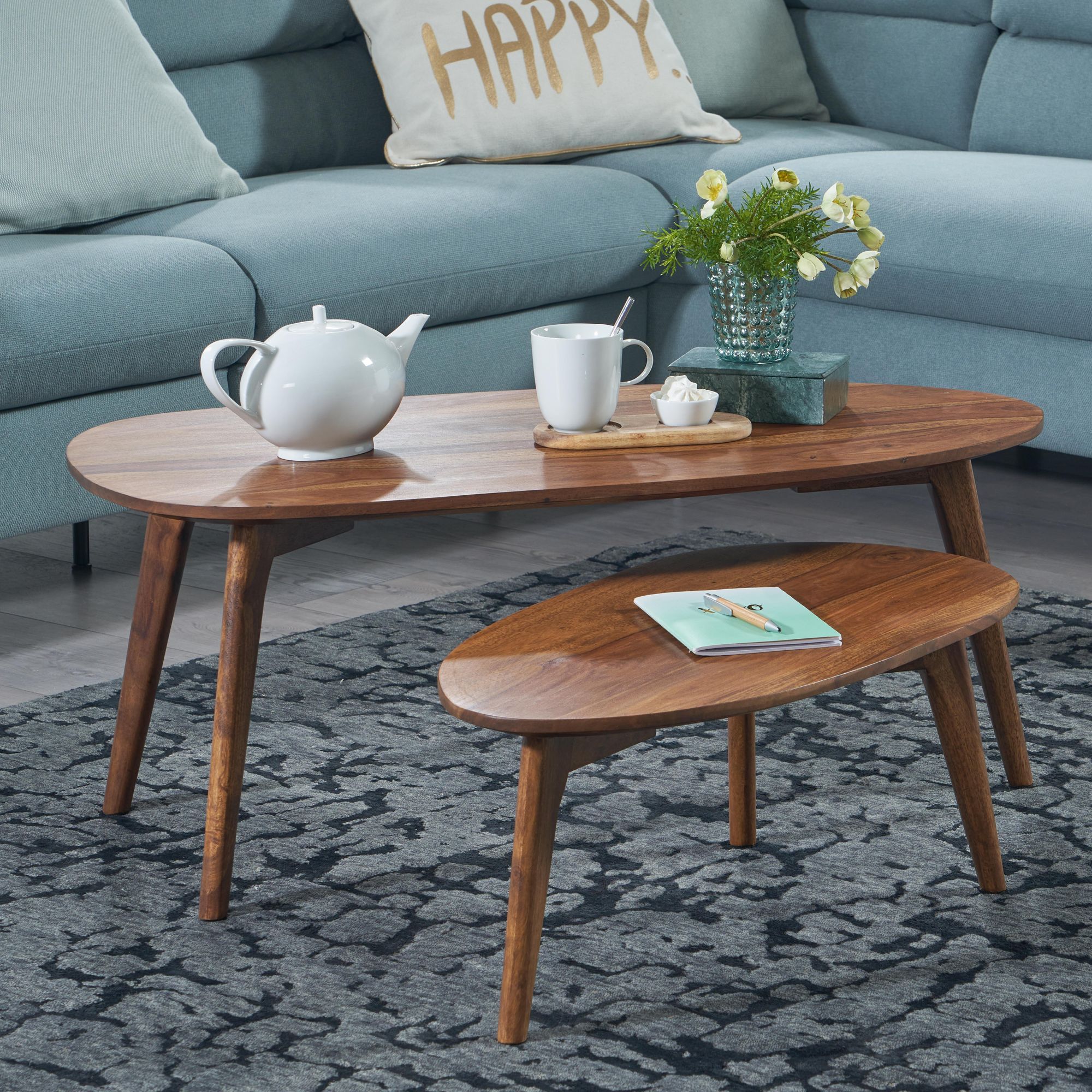 FineBuy Couchtisch Set 2er nierenförmig Mango Massivholz · Beistelltisch Wohnzimmertisch Retro Design · Satztische im Mid-Century Look mit Holzgestell | Farbe: Schwarz