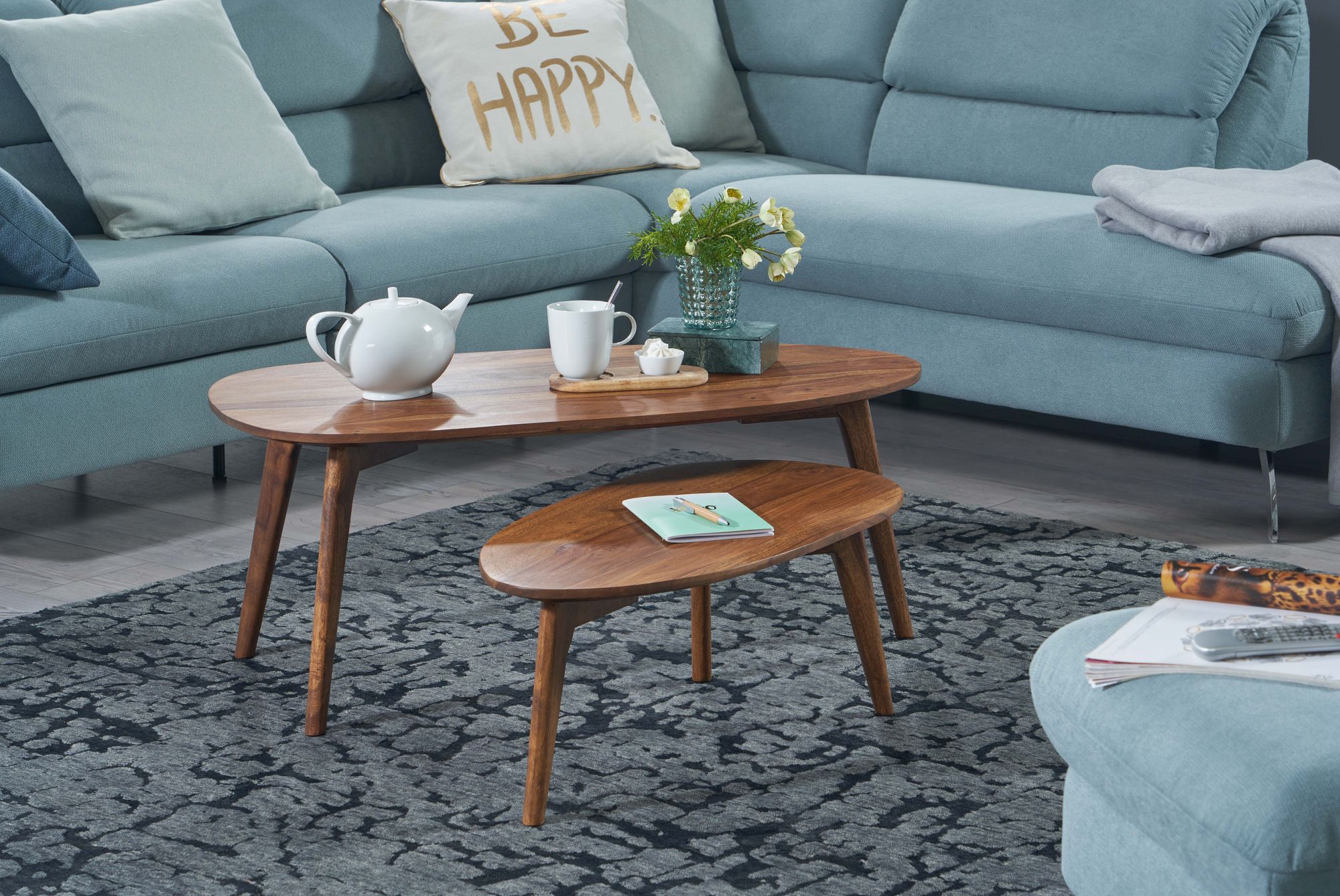 FineBuy Couchtisch Set 2er nierenförmig Mango Massivholz · Beistelltisch Wohnzimmertisch Retro Design · Satztische im Mid-Century Look mit Holzgestell | Farbe: Schwarz