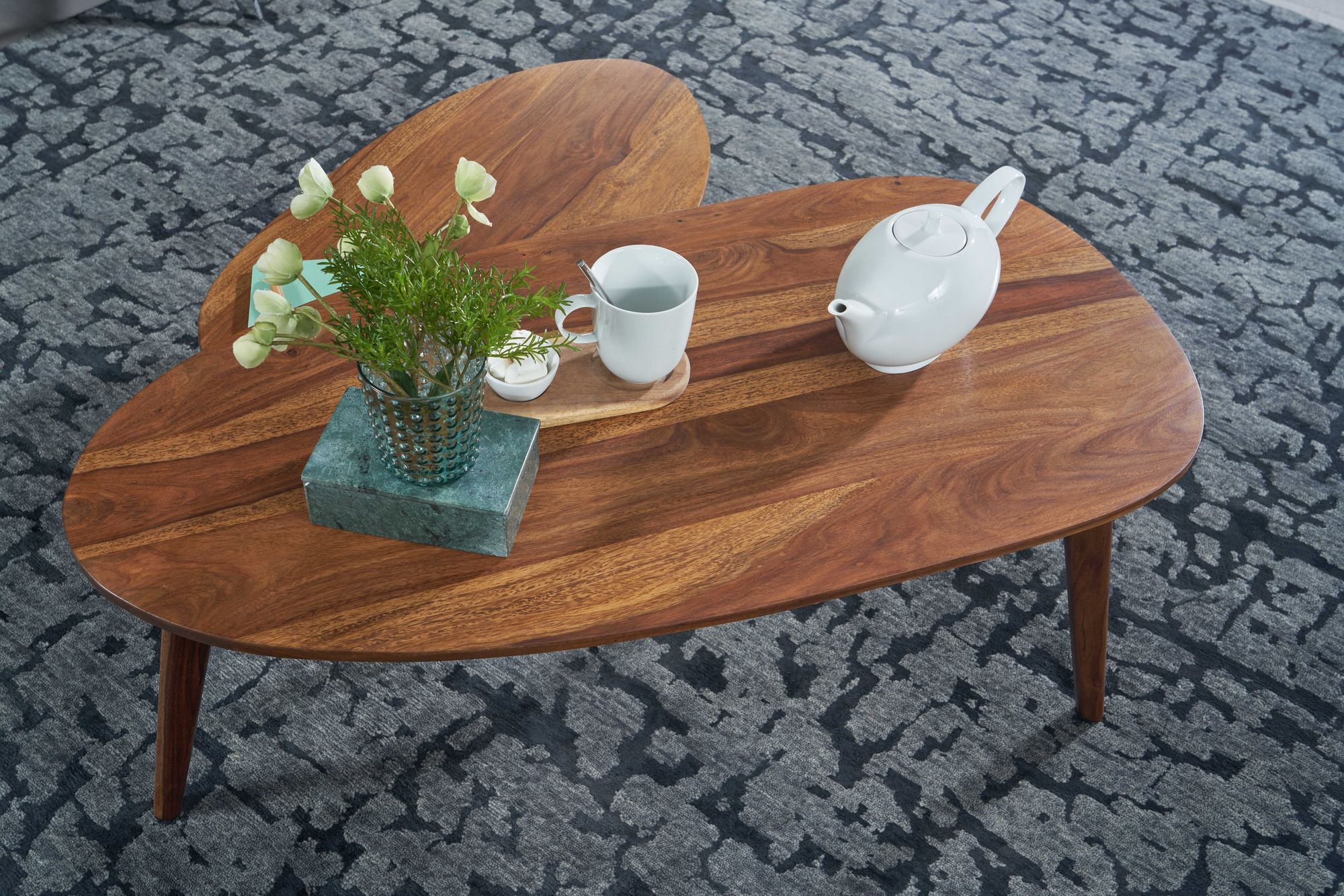 FineBuy Couchtisch Set 2er nierenförmig Mango Massivholz · Beistelltisch Wohnzimmertisch Retro Design · Satztische im Mid-Century Look mit Holzgestell | Farbe: Schwarz