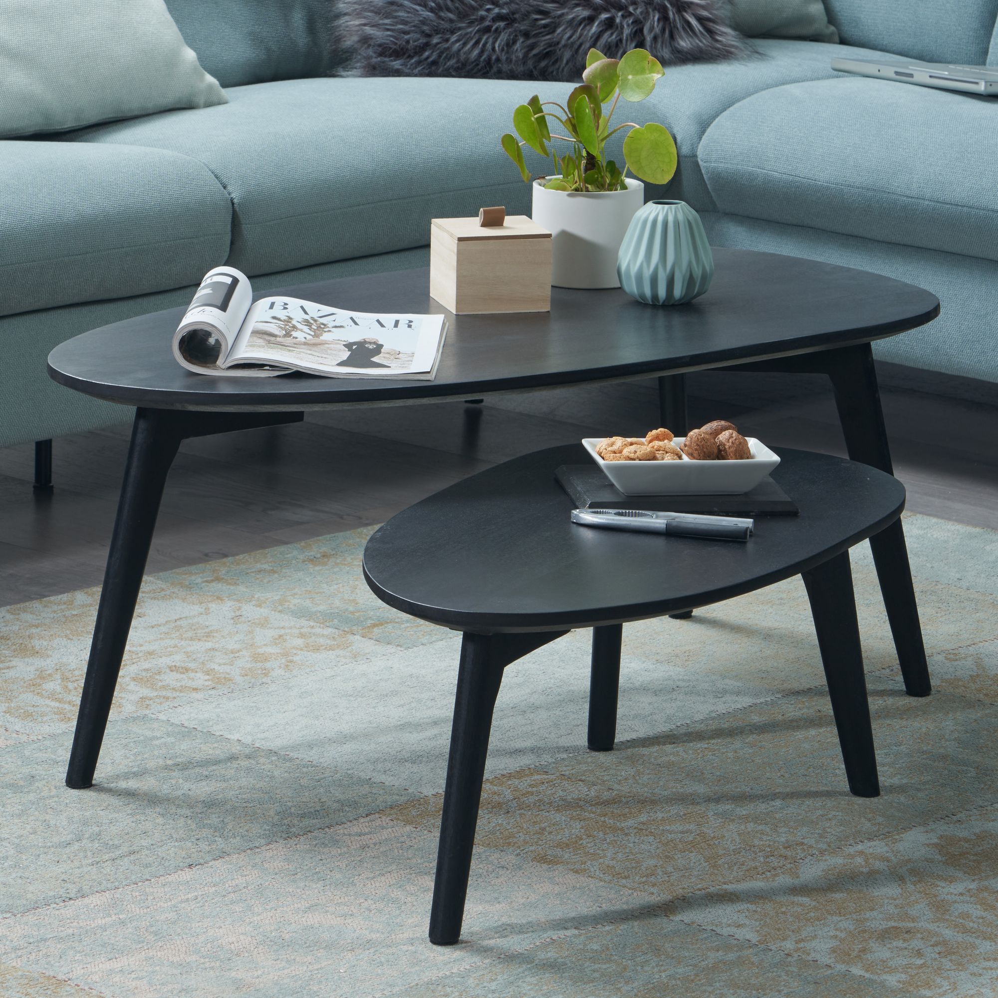 FineBuy Couchtisch Set 2er nierenförmig Mango Massivholz · Beistelltisch Wohnzimmertisch Retro Design · Satztische im Mid-Century Look mit Holzgestell | Farbe: Schwarz