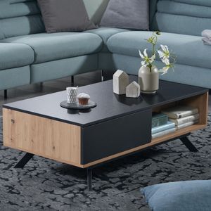 FB86955 FineBuy Couchtisch 110x60x38 cm MDF Eiche-Dekor / Schwarz Wohnzimmertisch, Sofatisch Rechteckig mit Stauraum, Kaffeetisch mit Schubladen, Tisch Wohnzimmer mit Metallbeine 4251757712265