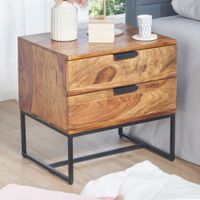 Nachttisch Sheesham Massivholz Schubladen Nachtkonsole Industrial Nachtkästchen – Ansicht 1