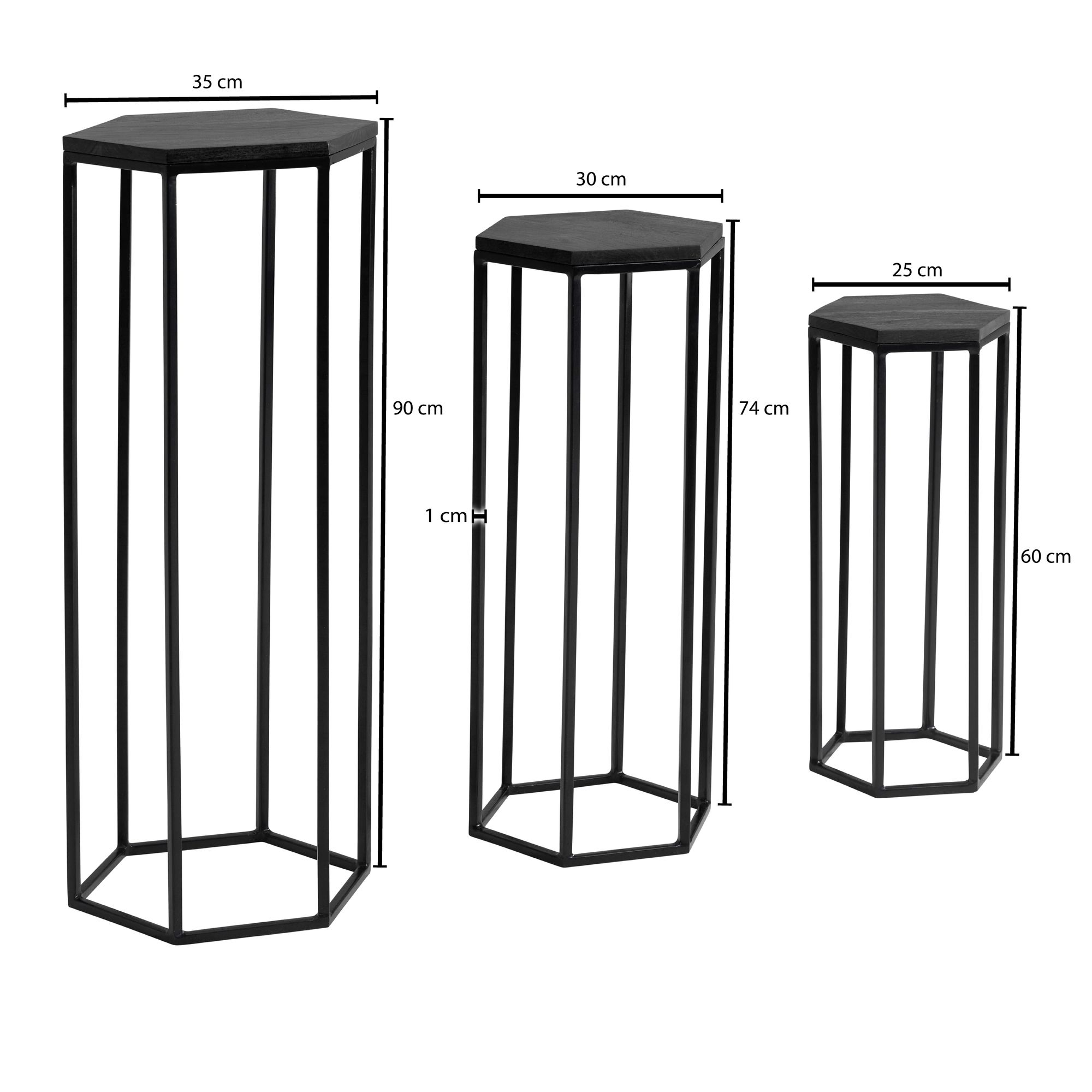 FineBuy Beistelltisch 3er Set Massivholz / Metall Satztisch Sechseckig, Säulentisch Pflanzentisch 3-teilig, Blumenständer Blumentisch Wohnzimmer, Pflanzenhocker Blumenhocker | Farbe: Schwarz
