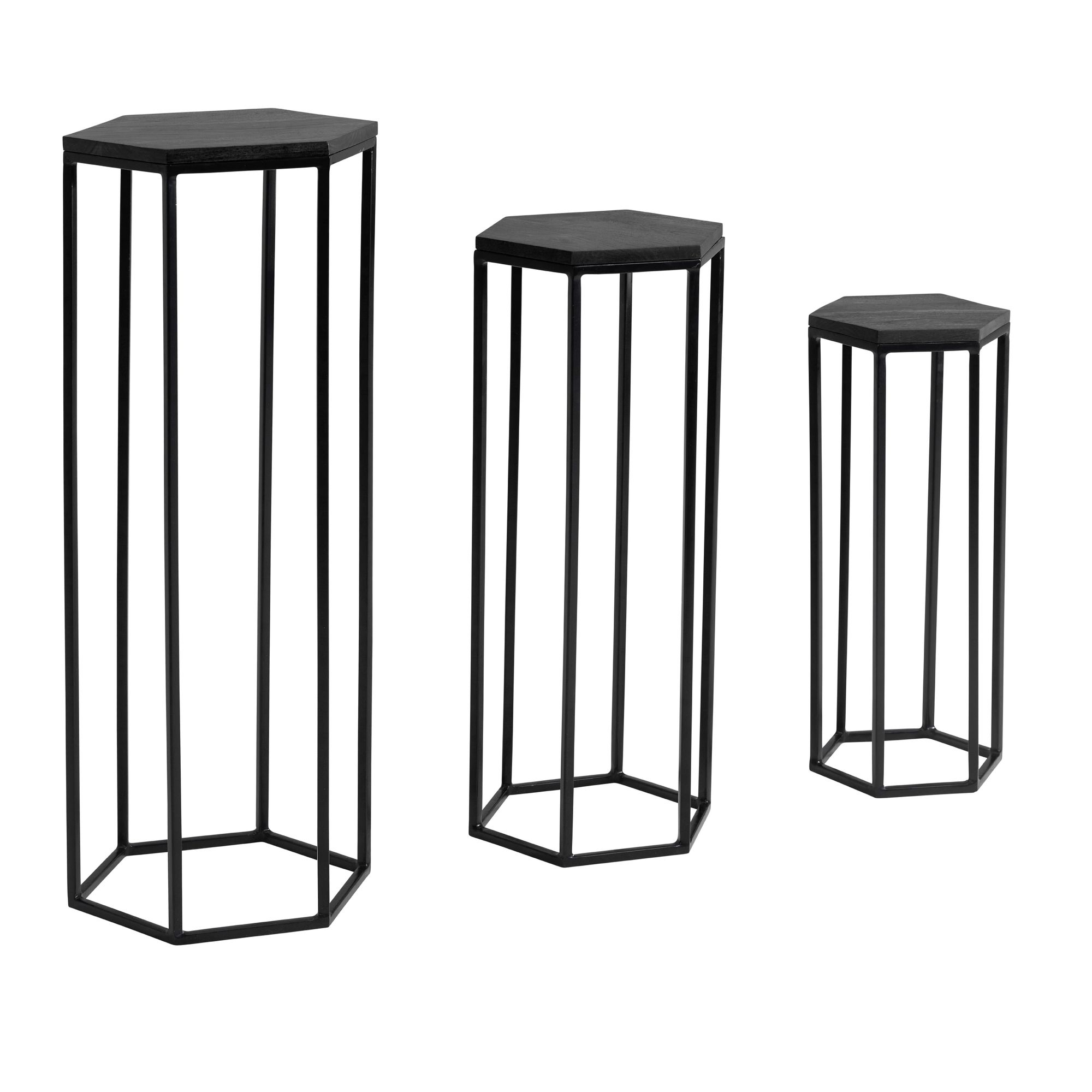 FineBuy Beistelltisch 3er Set Massivholz / Metall Satztisch Sechseckig, Säulentisch Pflanzentisch 3-teilig, Blumenständer Blumentisch Wohnzimmer, Pflanzenhocker Blumenhocker | Farbe: Schwarz