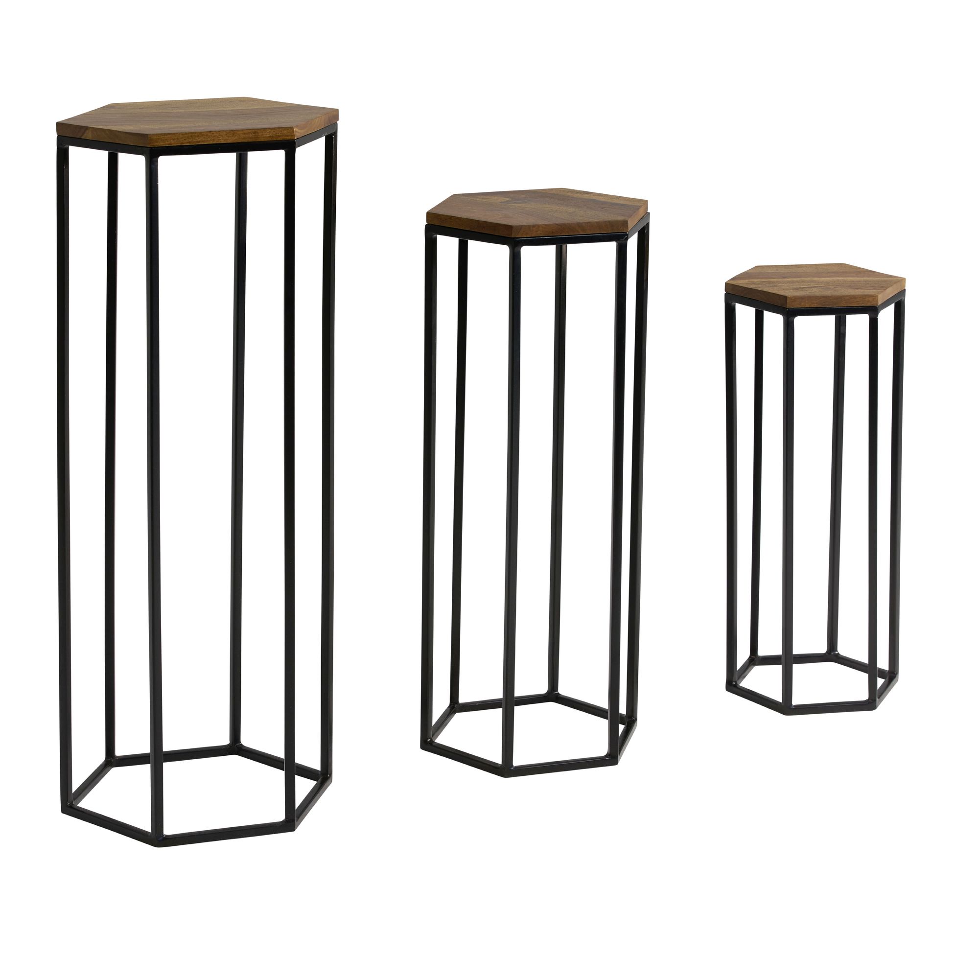 FineBuy Beistelltisch 3er Set Massivholz / Metall Satztisch Sechseckig, Säulentisch Pflanzentisch 3-teilig, Blumenständer Blumentisch Wohnzimmer, Pflanzenhocker Blumenhocker | Farbe: Schwarz
