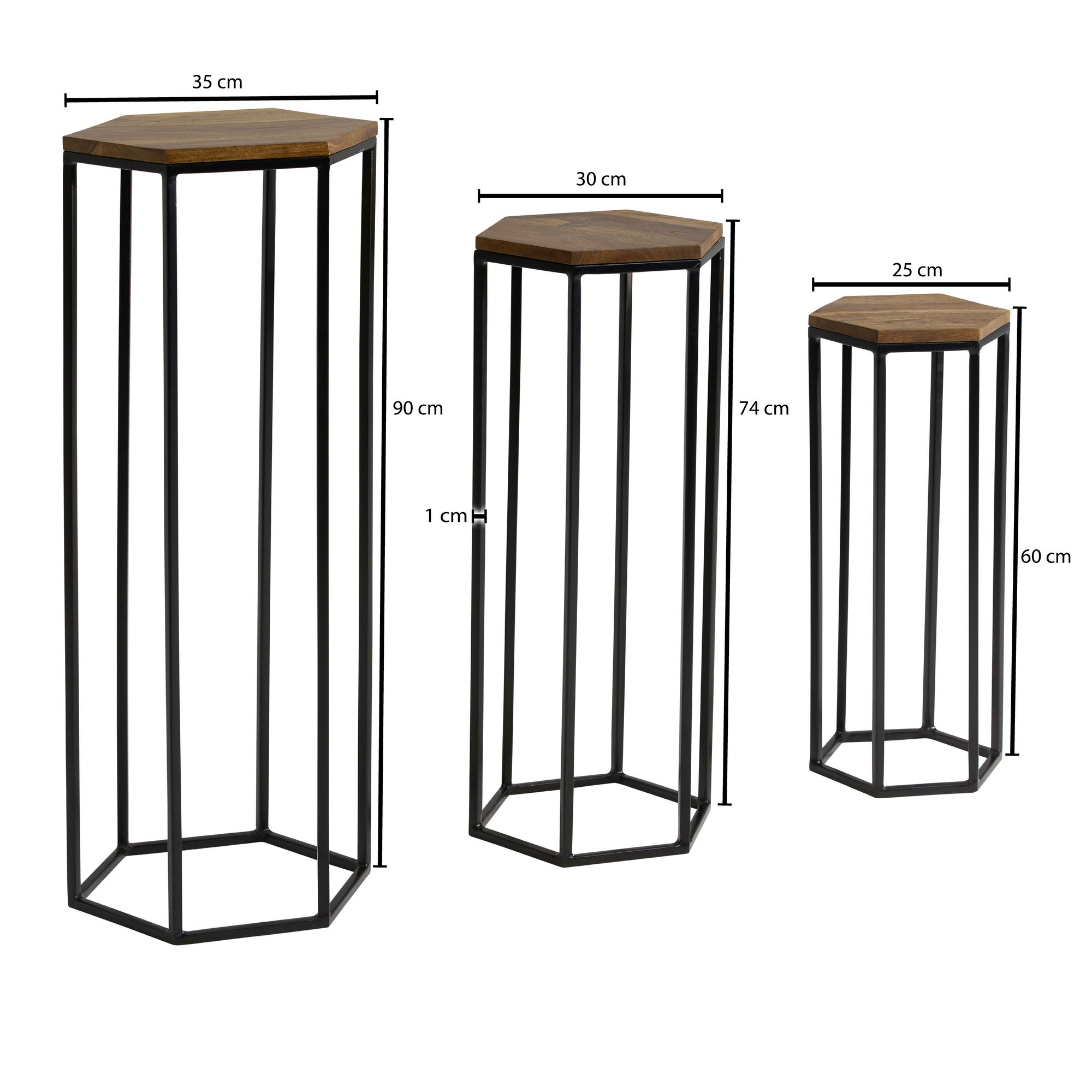 FineBuy Beistelltisch 3er Set Massivholz / Metall Satztisch Sechseckig, Säulentisch Pflanzentisch 3-teilig, Blumenständer Blumentisch Wohnzimmer, Pflanzenhocker Blumenhocker | Farbe: Schwarz