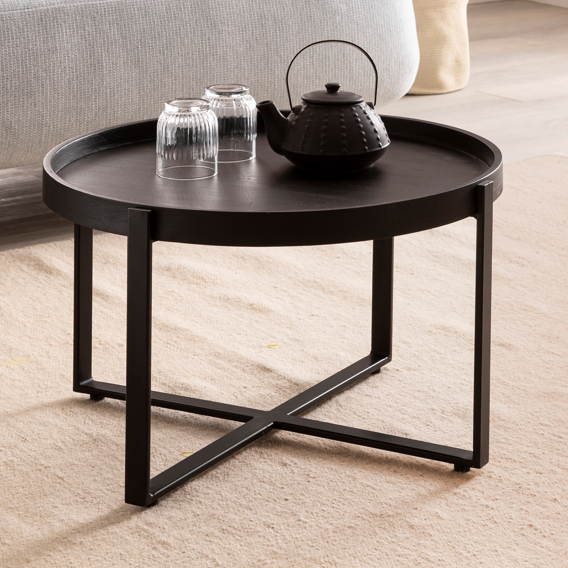 couchtisch finebuy sofatisch massivholz schwarz 60x60x35 cm wohnzimmertisch  rund