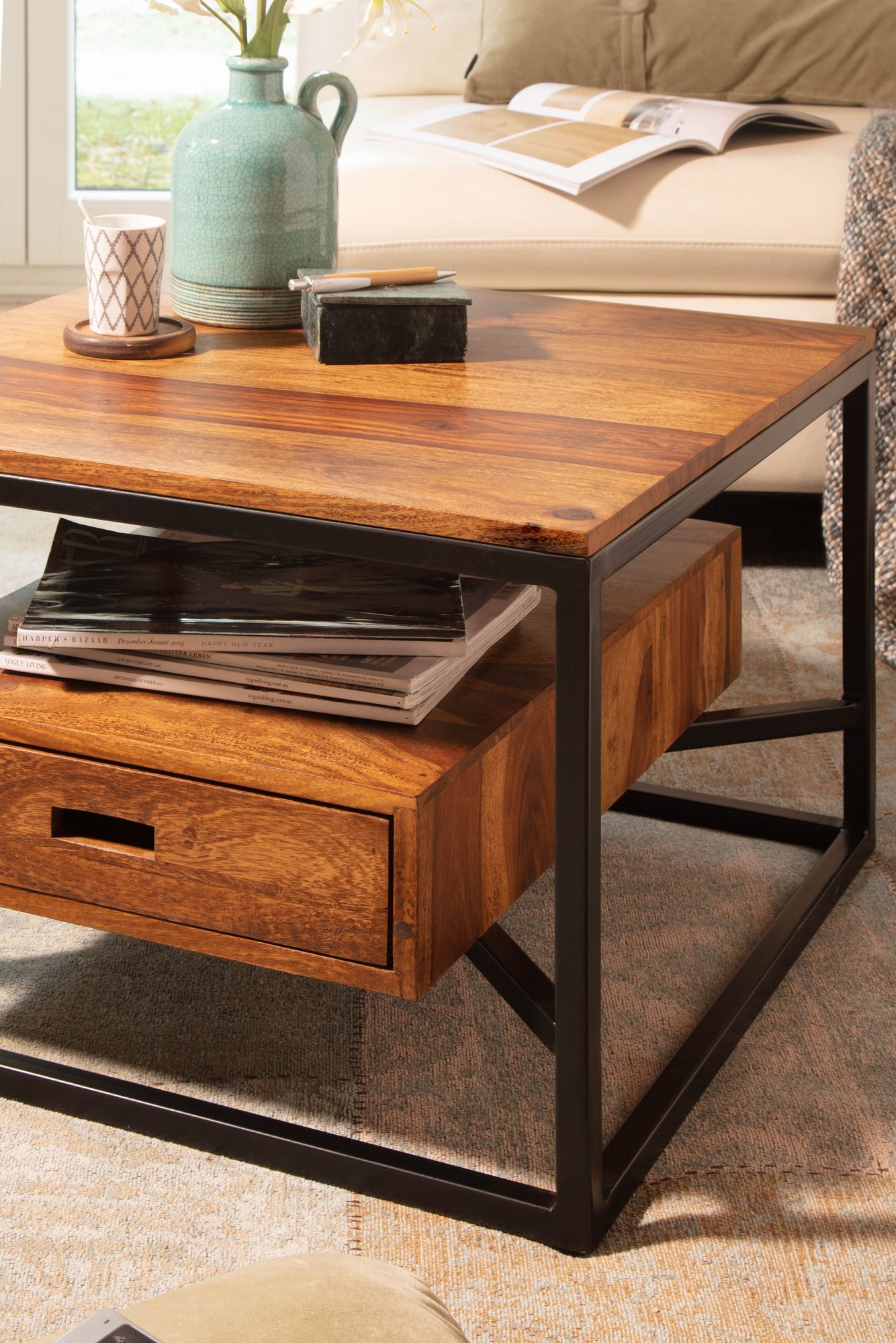 FineBuy Couchtisch 60x60x40 cm Sheesham Massivholz / Metall Sofatisch Quadratisch, Design Wohnzimmertisch Kaffeetisch Massiv mit Schublade, Kleiner Tisch Beistelltisch Wohnzimmer Modern | Farbe: Braun FineBuy Couchtisch 60x60x40 cm Sheesham Massivholz / Metall Sofatisch Quadratisch, Design Wohnzimmertisch Kaffeetisch Massiv mit Schublade, Kleiner Tisch Beistelltisch Wohnzimmer Modern | Farbe: Braun