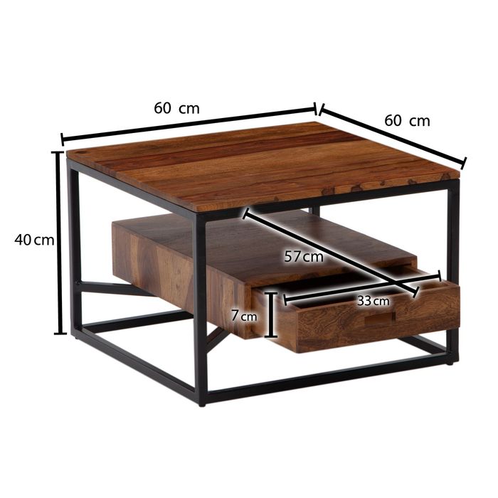 Couchtisch FineBuy Sofatisch Massivholz 60x60x40 cm Wohnzimmertisch Schublade – Maßzeichnung