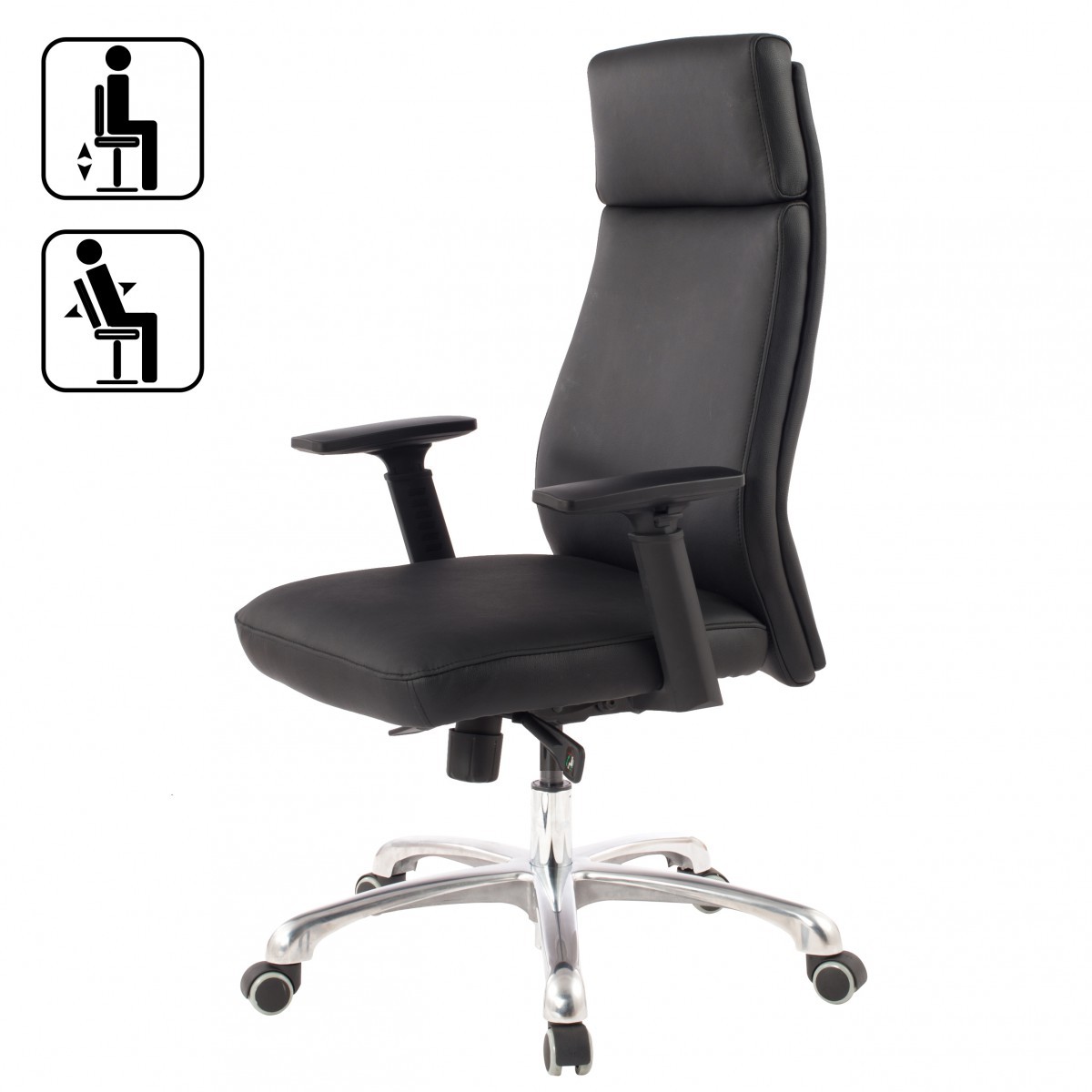 FineBuy Bürostuhl PORTO Echt-Leder Schwarz ergonomisch mit Kopfstütze, Design Chefsessel Schreibtischstuhl ergonomisch mit Wippfunktion, Drehstuhl mit Armlehnen X-XL 120 kg | Farbe: Schwarz